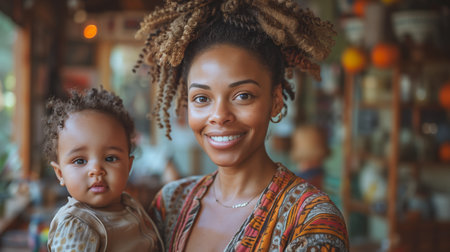 Smiling Woman Holding Baby in Colorful Bohemian Setting During Daytimeの素材