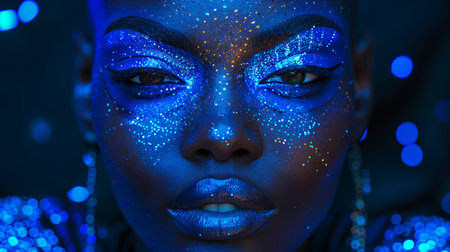 Stunning Portrait of a Model With Blue Glitter Makeup Illuminated Under Neon Lights at Nightの素材