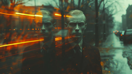 A Stylish Man Stands on a Rainy Street With Neon Highlights at Duskの素材