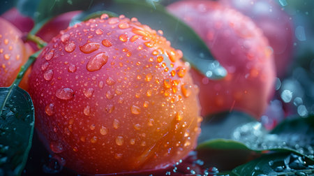Freshly Harvested Oranges Glistening With Water Droplets on Green Leaves in Bright Natural Lightの素材