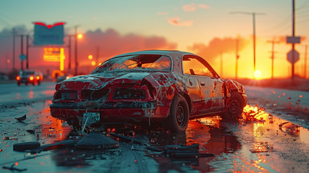Abandoned Red Car in a Flooded Urban Street at Sunsetの素材
