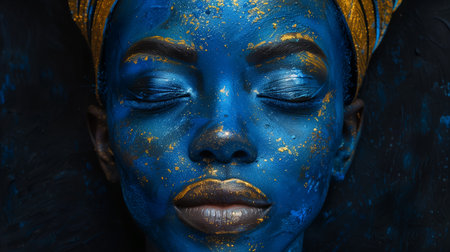 Portrait of a Woman With Ethereal Blue and Gold Face Paint Surrounded by Dark Backgroundの素材