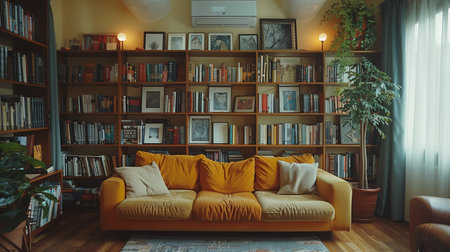 Cozy Living Room With Orange Sofa Surrounded By Bookshelves and Natural Light in a Warm Settingの素材