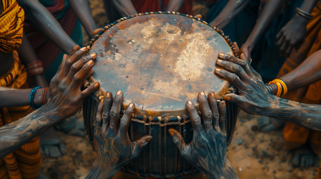 Celebratory Drumming Circle In A Vibrant Outdoor Setting During Cultural Festivalの素材