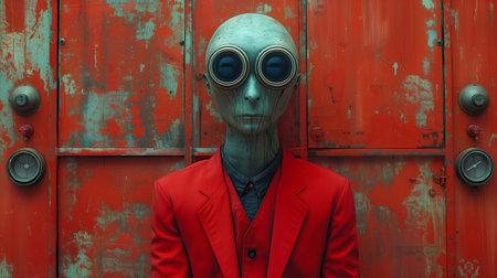 A Surreal Character Dressed in Red Suit Sitting Against an Orange Backgroundの素材