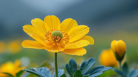 Beautiful Yellow Flowers Blooming in a Lush Green Field on a Rainy Dayの素材