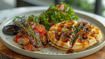 Delicious Chicken and Waffle Dish Served With Fresh Salad in Modern Restaurant Settingの素材