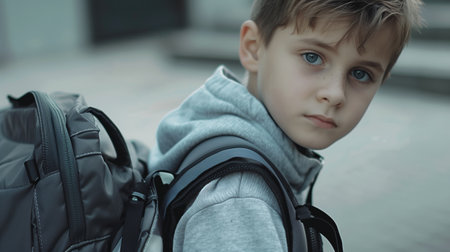 Young Boy With Backpack Looking Thoughtfully at Camera in Urban Setting After Schoolの素材