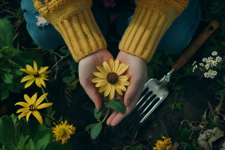 Person Holding Yellow Flower in Hands Surrounded by Garden Plants and Gardening Tools in Early Springの素材