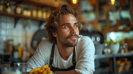 Young Barista Wearing Glasses Contemplating in a Cozy Coffee Shop During Afternoon Rushの素材