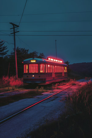A Vintage Streetcar Illuminated by Neon Lights Near a Serene Nature Trail at Duskの素材