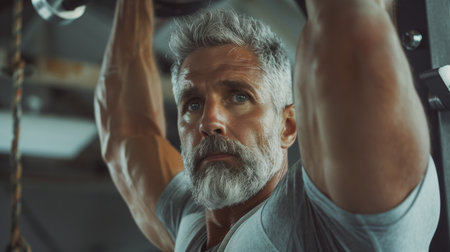Fit Older Man Exercising With Weights in Gym During Late Afternoonの素材