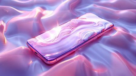 A Close-Up View of a Glossy Smartphone Resting on Fluid Abstract Patterns in Soft Lightの素材