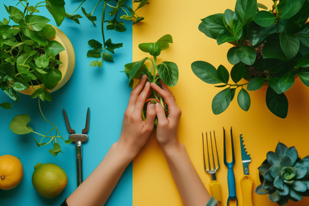 Hands Nurturing a Green Plant With Gardening Tools and Fresh Fruits on Colorful Backgroundの素材