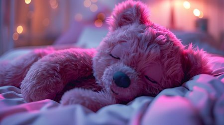 Adorable Plush Bear Sleeping Peacefully on Soft Bedding With Warm Ambient Lightingの素材
