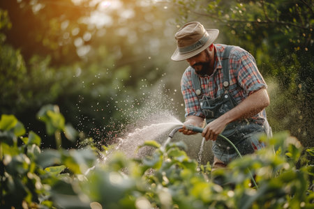 Farmer Watering Plants in Lush Garden During Golden Hour at Sunsetの素材