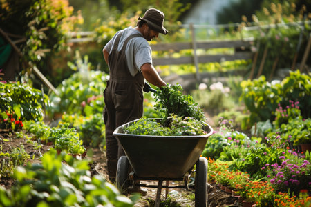 Gardener Harvesting Fresh Vegetables in a Lush Garden During Late Afternoon Lightの素材