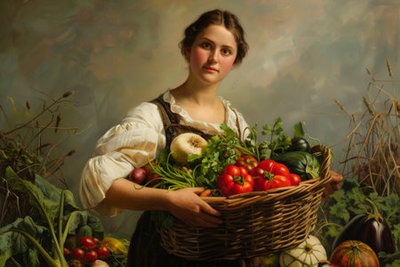 Young Woman Holding a Large Basket of Fresh Vegetables in a Lush Gardenの素材