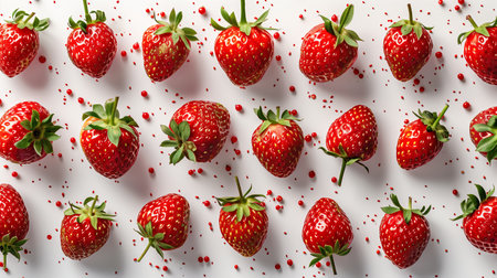 Freshly Harvested Ripe Strawberries Displayed on a White Background With Water Dropletsの素材