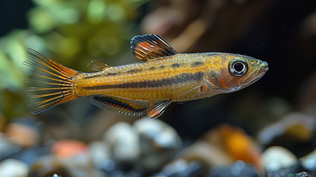 Colorful Freshwater Aquarium Fish Swimming Among Pebbles and Plant Lifeの素材