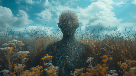 Surreal Figure Emerging From Colorful Wildflowers Under Dramatic Cloudy Sky at Golden Hourの素材