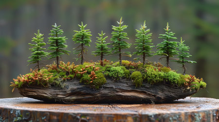 Miniature Forest Arrangement Displayed on Natural Wooden Base Surrounded by Lush Greeneryの素材