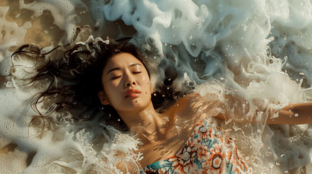 Woman Relaxing in Serene Ocean Waves on a Sunny Day at the Beachの素材
