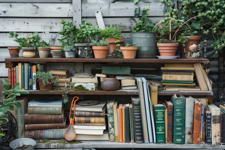 A Cozy Garden Shelf Brimming With Plants and Books in Late Afternoon Lightの素材