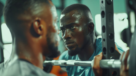 Two Men Intently Focus on Weightlifting in Gym During Late Afternoon Workoutの素材