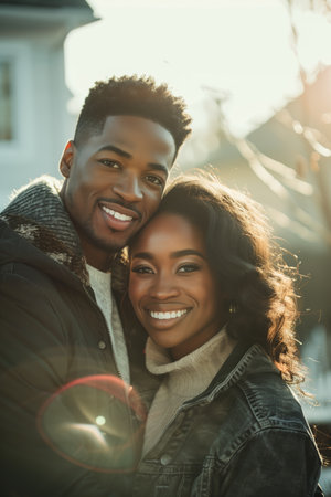 Couple Embracing Each Other in Warm Afternoon Light During a Joyful Outdoor Momentの素材