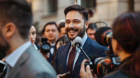 Smiling Man in Suit Engaged With Reporters at Red Carpet Event in City During Eveningの素材