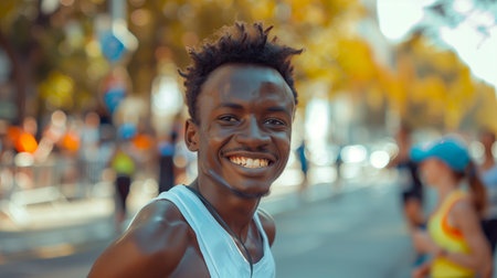 Young Male Runner Smiling While Participating in a Marathon on a Sunny Dayの素材