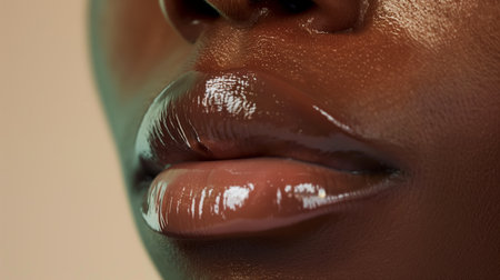 Close-Up of Glossy Lips With Natural Shine Under Soft Studio Lightingの素材