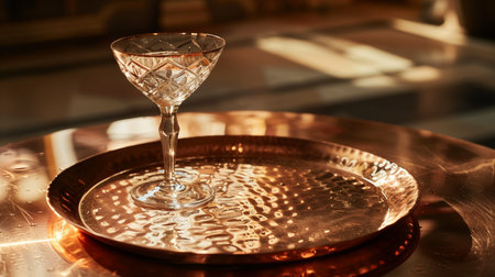 Elegant Crystal Glass With Cocktail on a Polished Copper Tray at Sunsetの素材