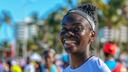 Young Athlete Smiling in Bright Sunshine During a Marathon Event on Vibrant Coastal Boulevardの素材