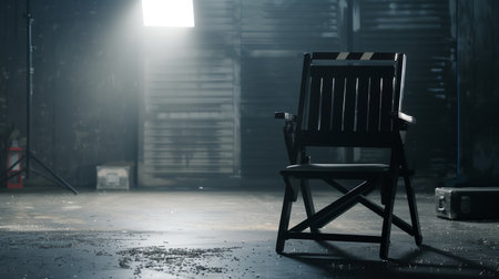 Empty Directors Chair in a Dimly Lit Film Studio During Early Morning Hoursの素材
