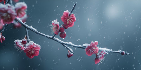 Delicate Pink Blossoms Covered in Snow Amidst A Wintery Background in Early Morning Lightの素材