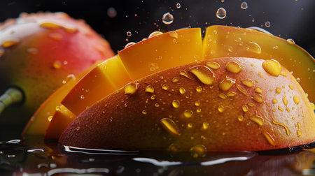 Slices of Juicy Mango Dripping With Water in Fresh Light Amidst Black Backgroundの素材