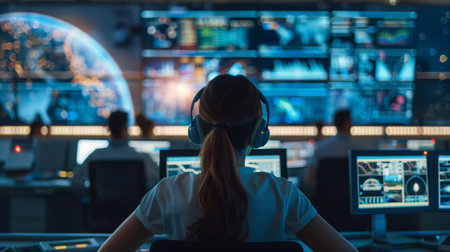 Control Room Operatives Monitoring Global Data Trends in High-Tech Environment During Evening Shiftの素材