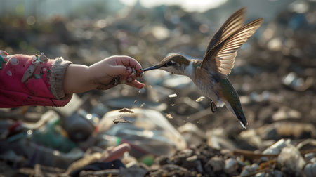 Child Feeding Hummingbird In A Waste-Laden Urban Environment During Daytimeの素材