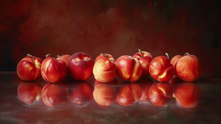 Freshly Harvested Nectarines Displayed on a Reflective Surface Against a Dark Backgroundの素材