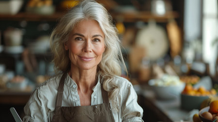 Smiling Woman in Apron Preparing Ingredients in Cozy Kitchen During Daytimeの素材