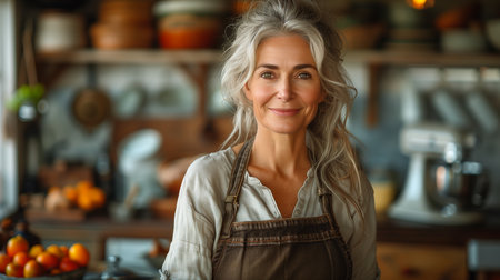 Cheerful Woman in Apron Preparing Fresh Ingredients in Rustic Kitchen at Morning Lightの素材