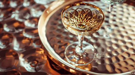 Elegant Glassware Displayed on a Shiny Tray With Freshly Poured Beverage During Evening Gatheringの素材