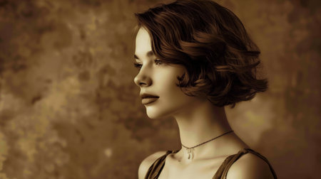 Elegant Portrait of a Woman With Short Hair in Soft Sepia Tonesの素材