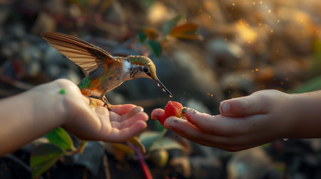 Hummingbird Approaches Outstretched Hands for Fresh Raspberries at Sunset in a Gardenの素材