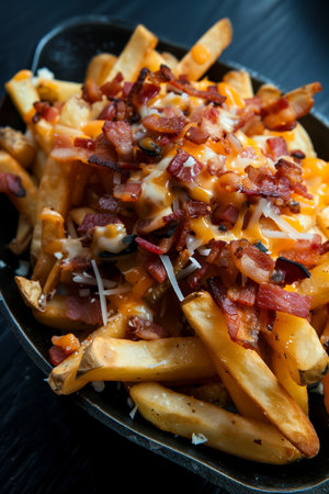 Delicious Loaded Fries Topped With Bacon and Cheese Served in a Rustic Settingの素材