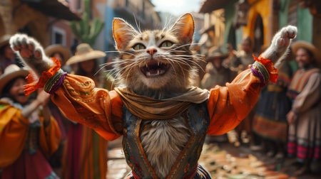 A Feline Performer in Colorful Attire Captivates an Enthusiastic Audience in a Vibrant Street Festivalの素材