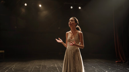 A Young Woman Performs Emotionally Charged Monologue on Stage at a Theater at Nightの素材