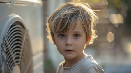 Young Boy With Blond Hair Standing Near Air Conditioner on Sunny Afternoon Outdoorsの素材